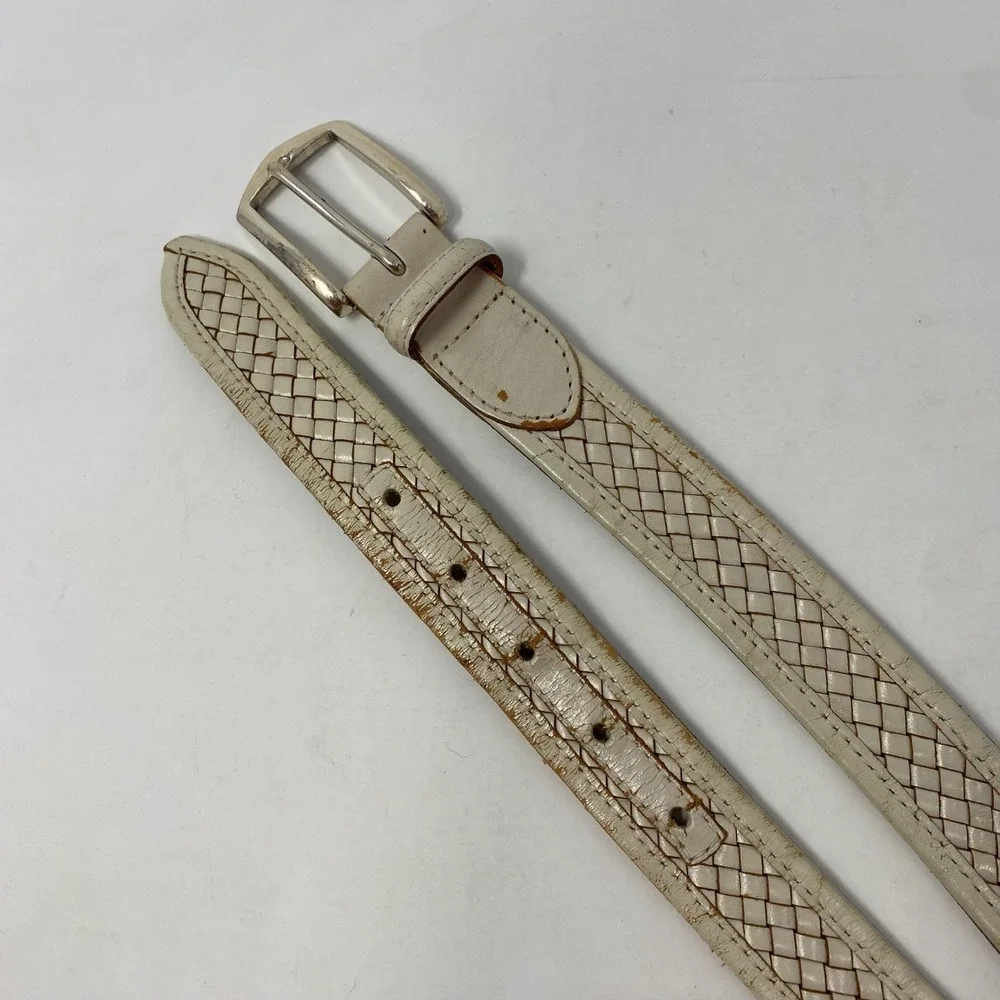 Vtg Johnston & Murphy Belt Mens 44‎ Italian Kipskin Braided Cream Brass Buckle